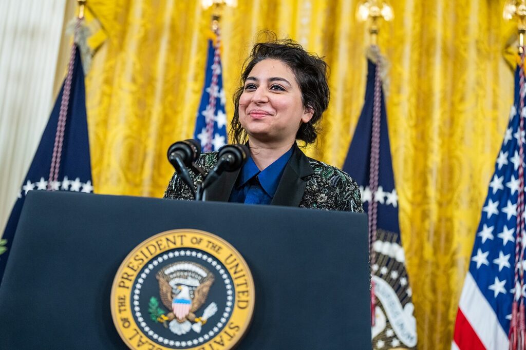 Arooj Aftab speaking at the White House Eid reception in May 2022