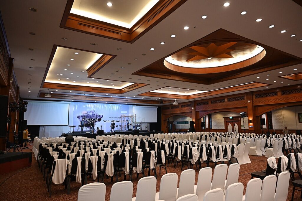 A wedding hall prepared for an event
