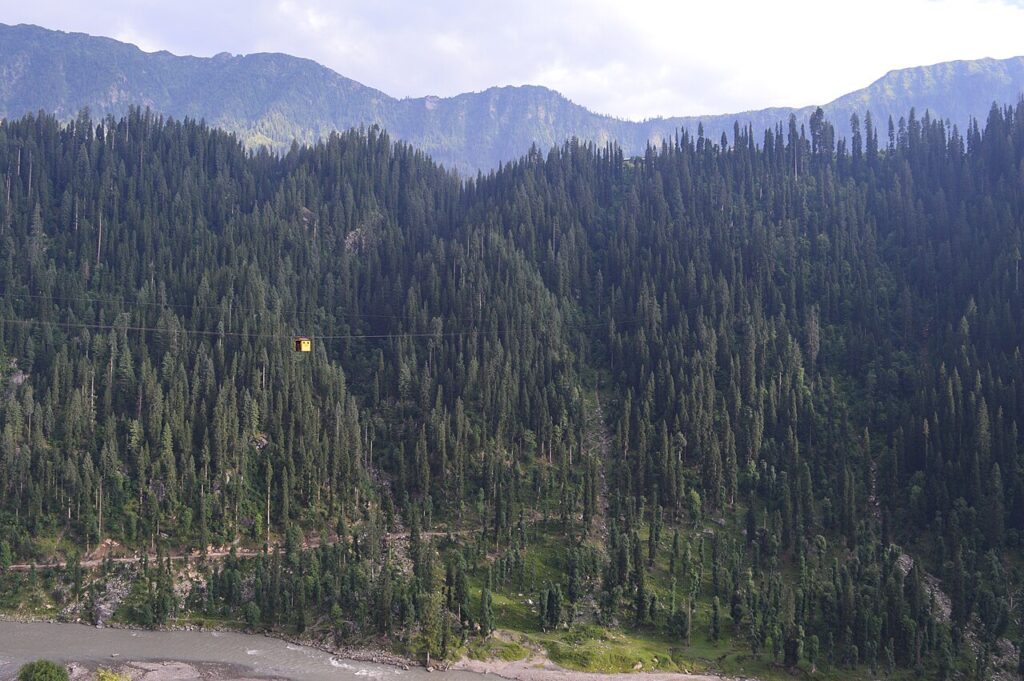 The Kel to Arang Kel cable car crossing the Neelum River, a mountain cable crossing similar to the one in Battagram