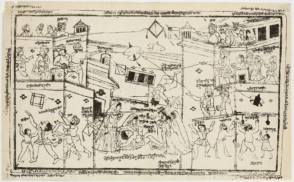 A woodcut of kite-flying from Lahore or Amritsar, around 1870, from the album collected by John Lockwood Kipling